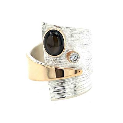 SILVER/14KT STAR SAPPHIRE &amp; DIAMOND RING - SIZE 8