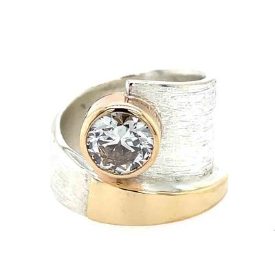 SILVER/14KT ROUND DIAMOND RING - SIZE 6.5