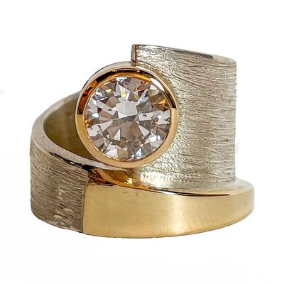 SILVER/14KT ROUND DIAMOND RING - SIZE 6.5
