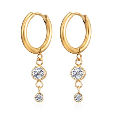 GOLD STAINLESS 16MM HOOP HUGGIE W/2 CZ DANGLE EARRINGS