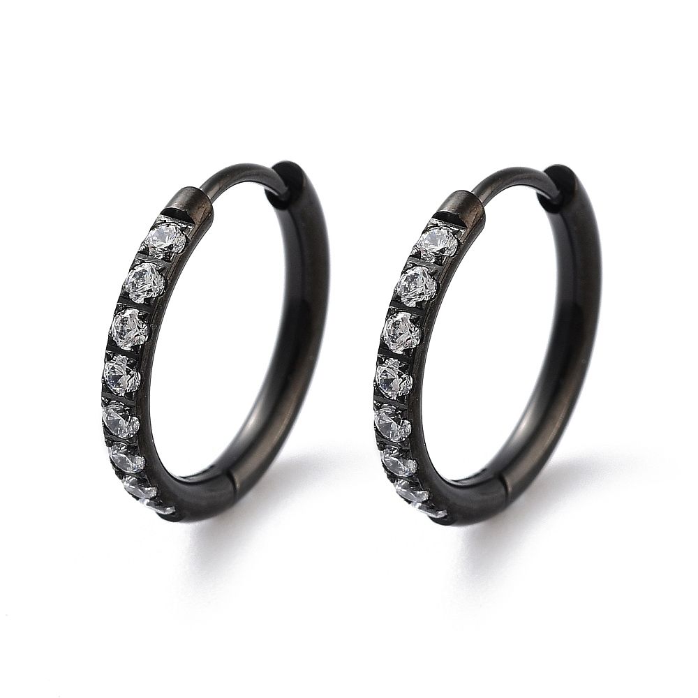 BLACK STAINLESS CZ 16MM HUGGIE HOOP EARRINGS