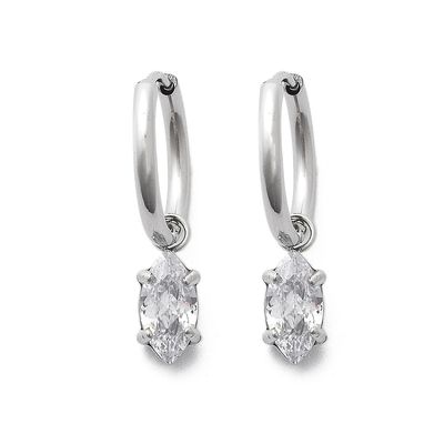 SILVER STAINLESS HUGGIE HOOP CZ DANGLE EARRINGS