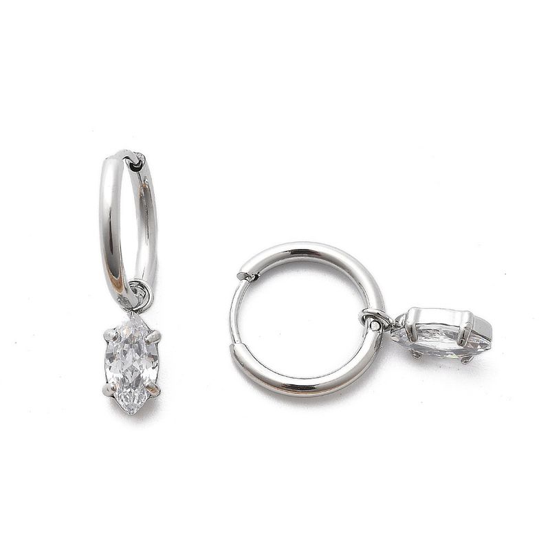 SILVER STAINLESS HUGGIE HOOP CZ DANGLE EARRINGS