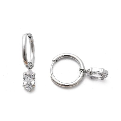 SILVER STAINLESS HUGGIE HOOP CZ DANGLE EARRINGS