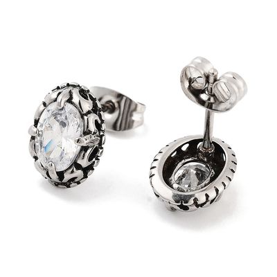 SILVER STAINLESS OXIDIZED OVAL CZ POST EARRINGS