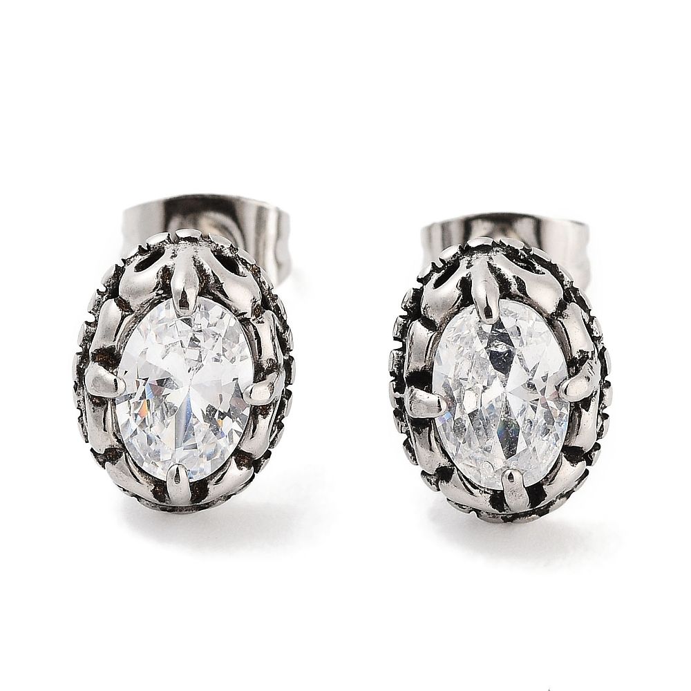 SILVER STAINLESS OXIDIZED OVAL CZ POST EARRINGS