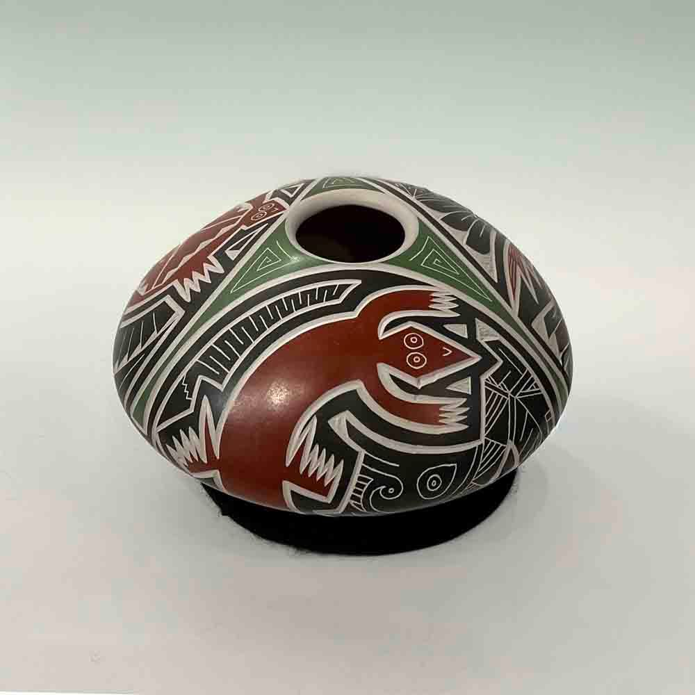 MATA ORTIZ POT HAND CARVED RED, GREEN &amp; BROWN - 4 x 6