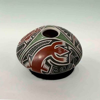 MATA ORTIZ POT HAND CARVED RED, GREEN &amp; BROWN - 4 x 6