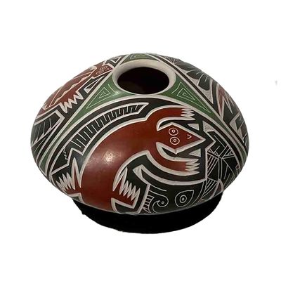 MATA ORTIZ POT HAND CARVED RED, GREEN &amp; BROWN - 4 x 6