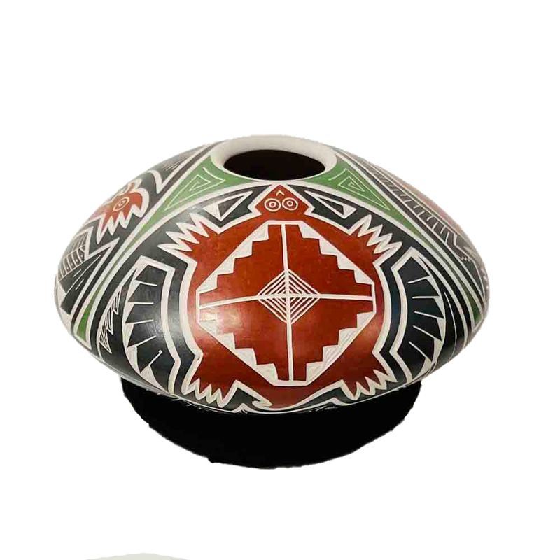 MATA ORTIZ POT HAND CARVED RED, GREEN &amp; BROWN - 4 x 6