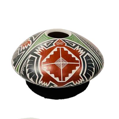 MATA ORTIZ POT HAND CARVED RED, GREEN &amp; BROWN - 4 x 6