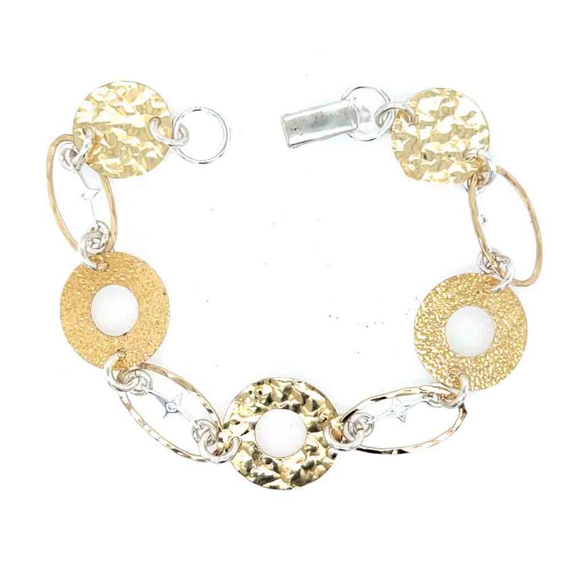 MIXED METALS TEXTURED DISC &amp; CZ CROSS LINK BRACELET