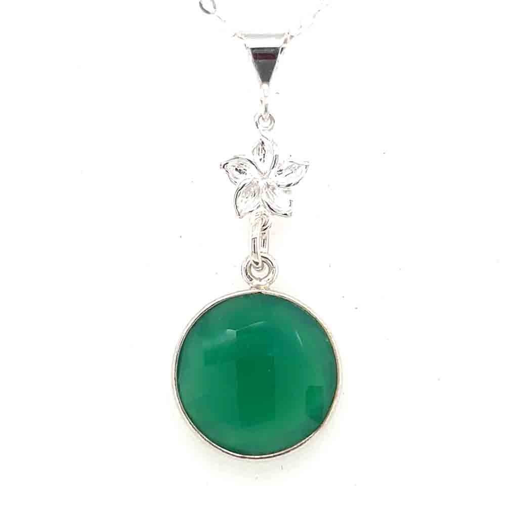 SILVER GREEN ONYX 12MM ROUND W/FLOWER LINK NECKLACE