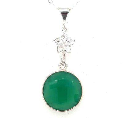 SILVER GREEN ONYX 12MM ROUND W/FLOWER LINK NECKLACE