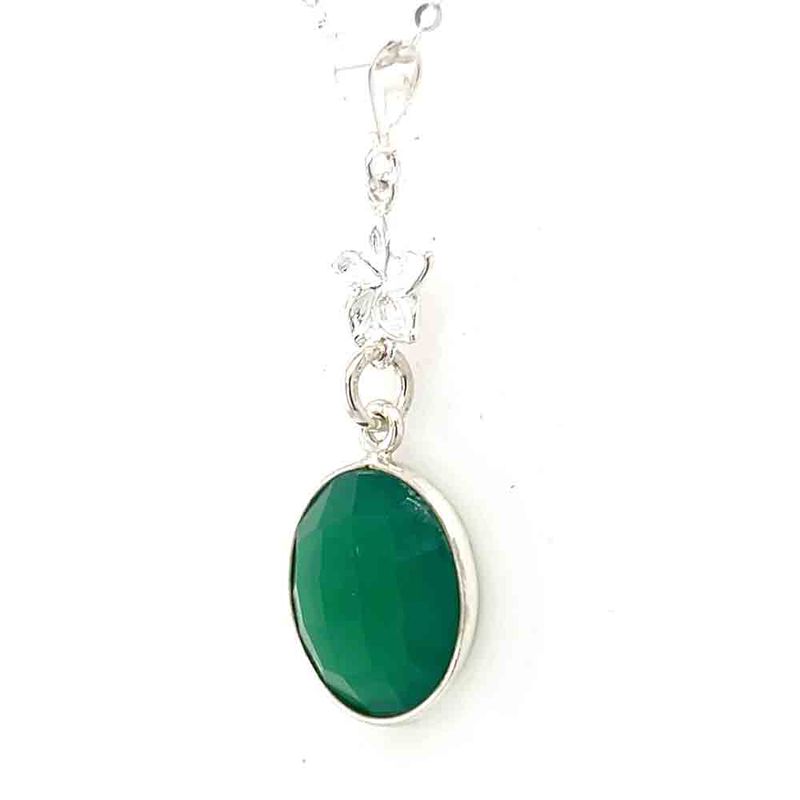 SILVER GREEN ONYX 12MM ROUND W/FLOWER LINK NECKLACE