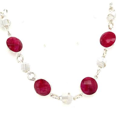 SILVER ROUND RUBY W/LINK WRAPPED RINGS BRACELET