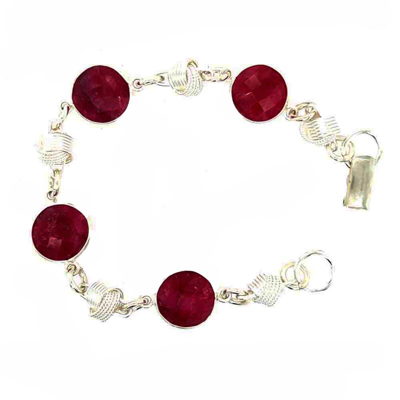 SILVER  ROUND RUBY W/LINK WRAPPED RINGS BRACELET