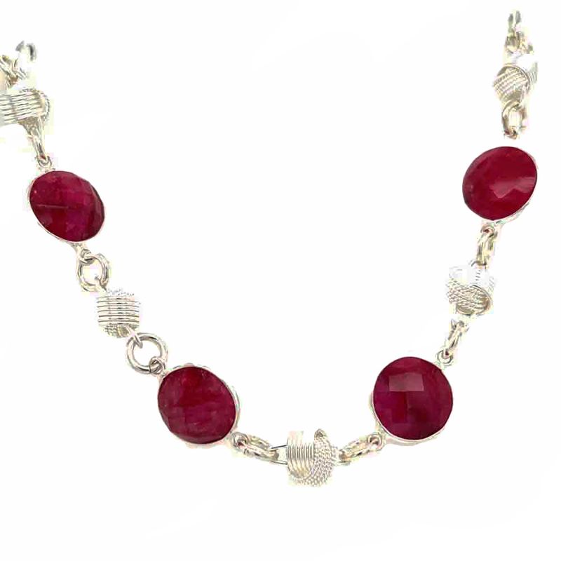 SILVER  ROUND RUBY W/LINK WRAPPED RINGS BRACELET