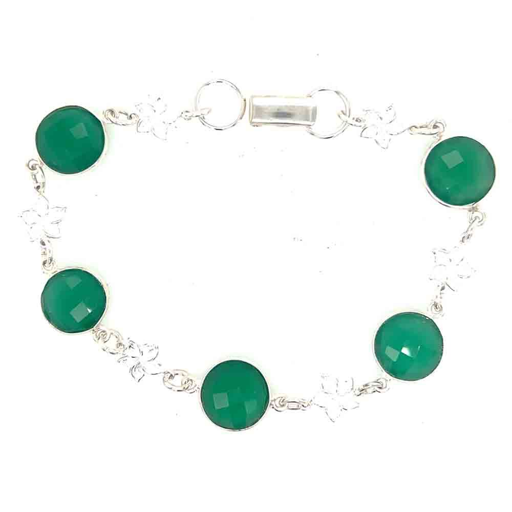SILVER 12MM GREEN ONYX W/LINK FLOWER BRACELET