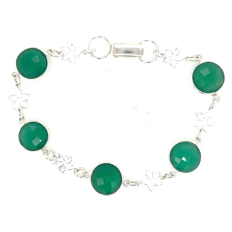 SILVER 12MM GREEN ONYX W/LINK FLOWER BRACELET SILVER 12MM GREEN ONYX W/LINK FLOWER BRACELET