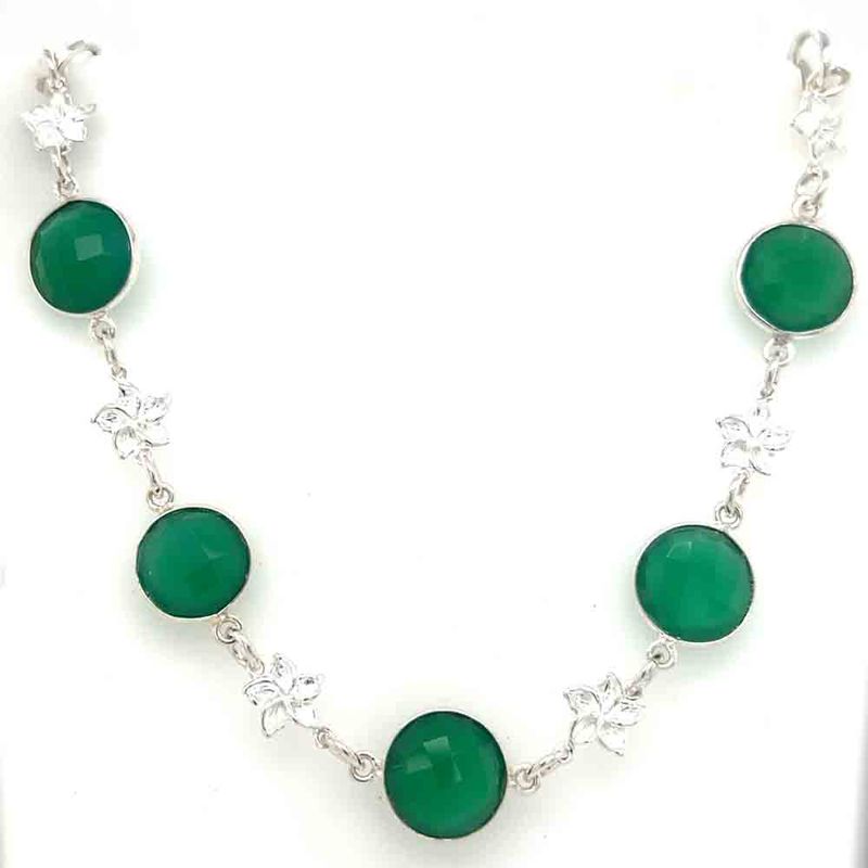 SILVER 12MM GREEN ONYX W/LINK FLOWER BRACELET