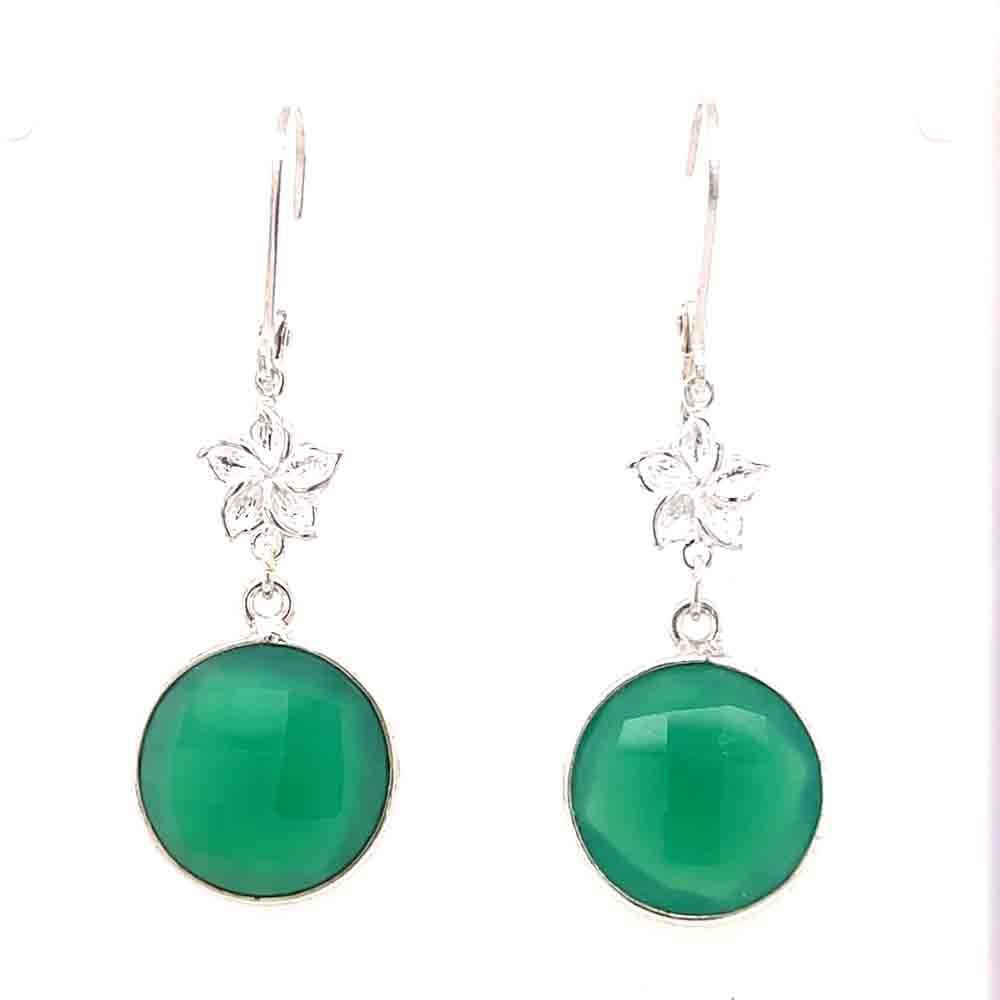SILVER 12MM GREEN ONYX W/LINK FLOWER EARRINGS