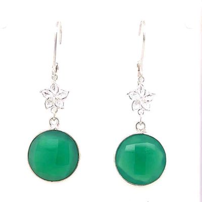 SILVER 12MM GREEN ONYX W/LINK FLOWER EARRINGS