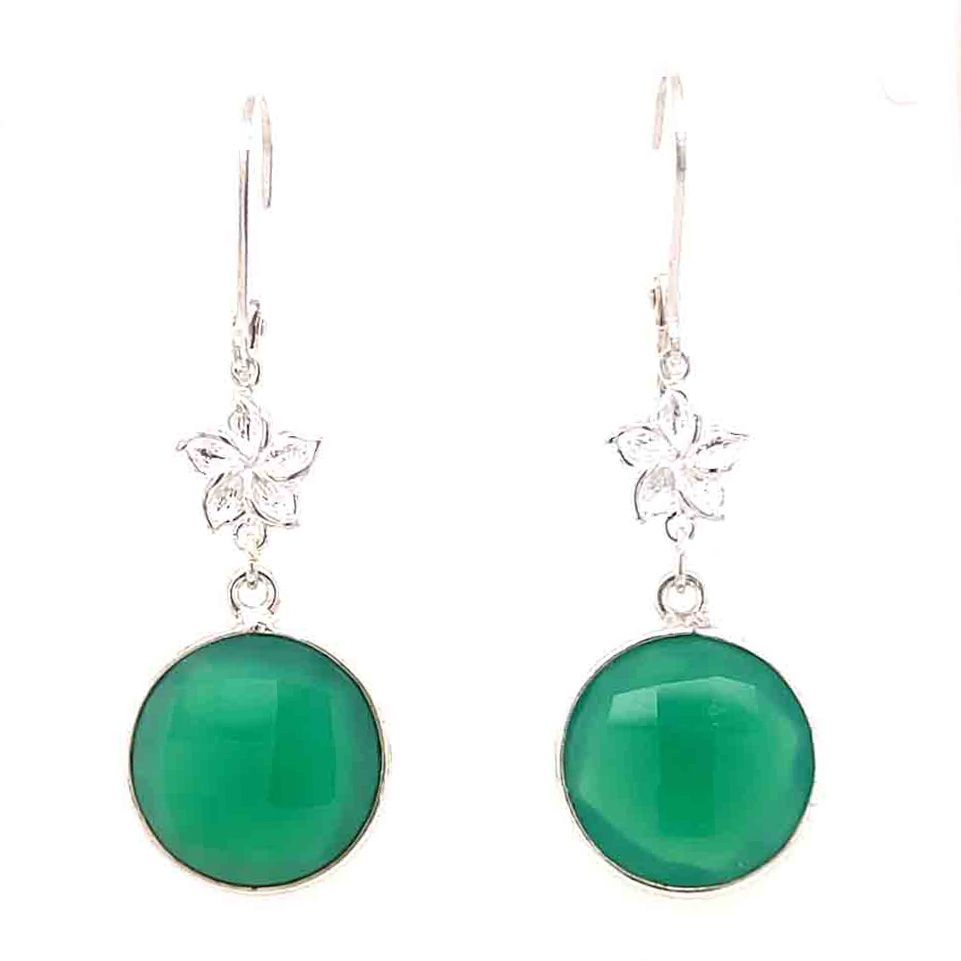 SILVER 12MM GREEN ONYX W/LINK FLOWER EARRINGS