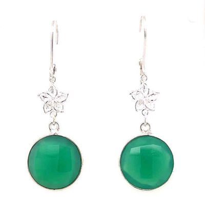 SILVER 12MM GREEN ONYX W/LINK FLOWER EARRINGS