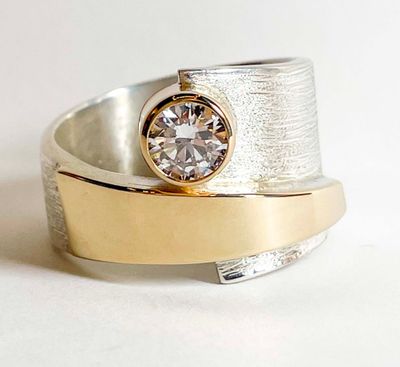 SILVER/14KT ROUND DIAMOND WRAP RING - SIZE 8