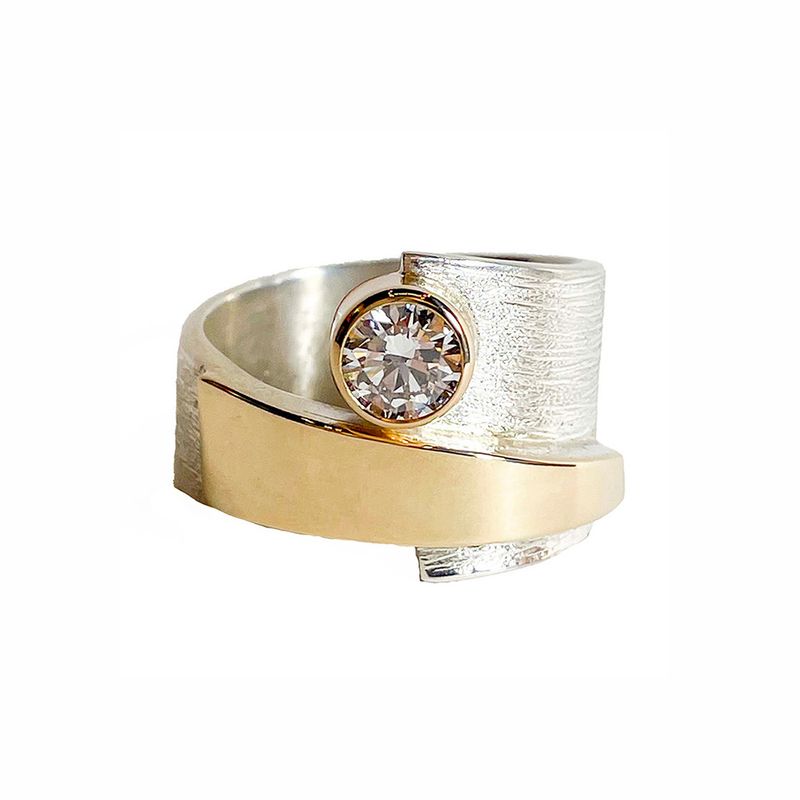 SILVER/14KT ROUND DIAMOND WRAP RING - SIZE 8