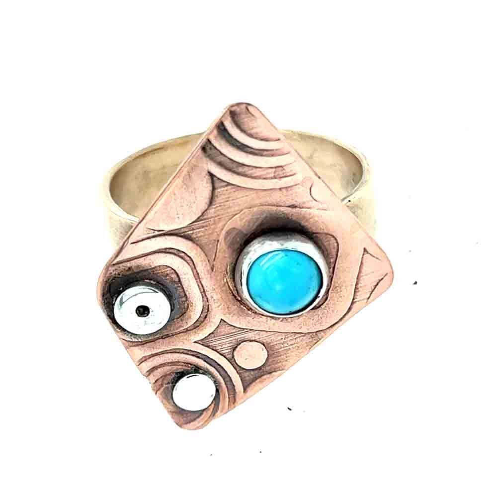 MIXED METALS ROLLED ABSTRACT W/TURQUOISE RING - 9