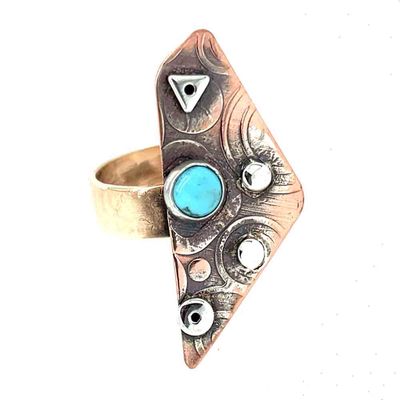MIXED METALS ROLLED TRI W/TURQUOISE RING - 8.5