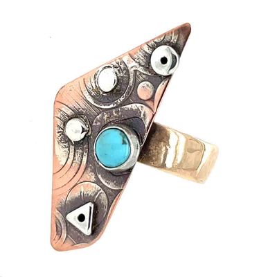 MIXED METALS ROLLED TRI W/TURQUOISE RING
