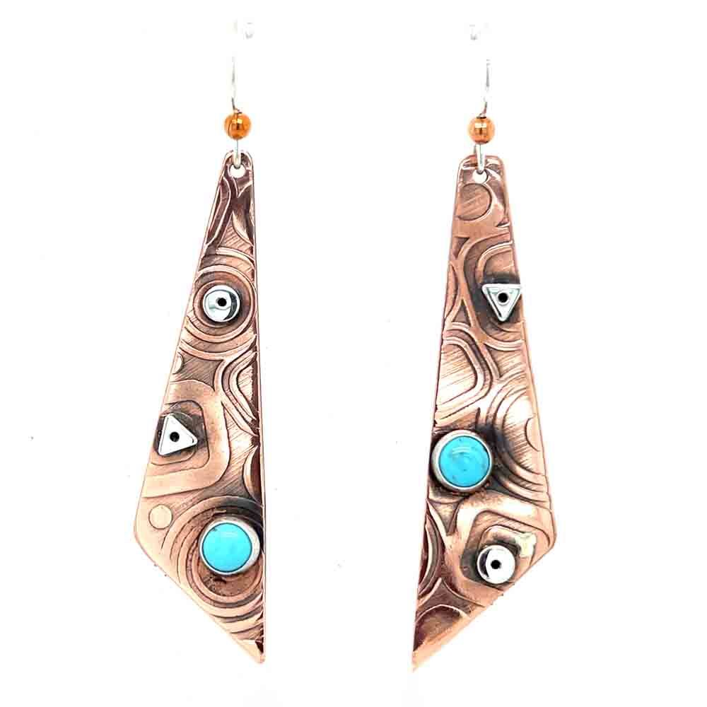 MIXED METALS MISMATCHED ROLLED TRI W/TURQUOISE EARRINGS