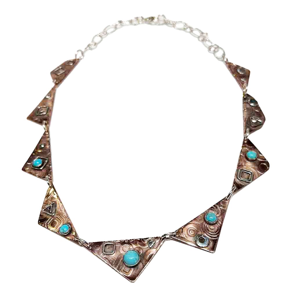 MIXED METALS ROLLED LINKED ABSTRACT DISCS W/TURQUOISE NECKLACE