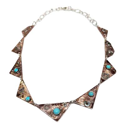 MIXED METALS ROLLED LINKED ABSTRACT DISCS W/TURQUOISE NECKLACE