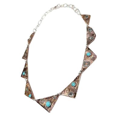 MIXED METALS ROLLED LINKED ABSTRACT DISCS W/TURQUOISE NECKLACE