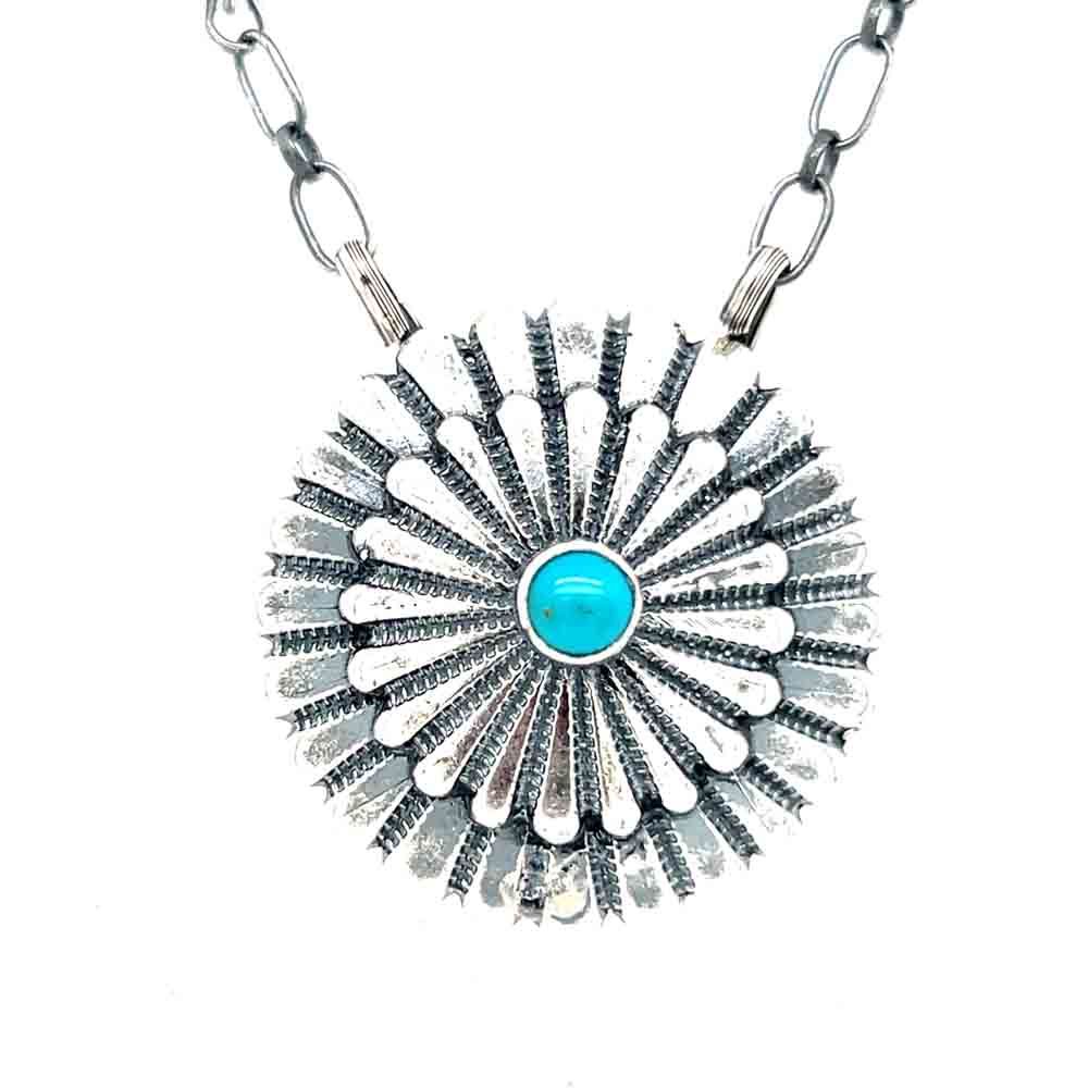 SILVER FLOWER TURQUOISE BUD NECKLACE NAVAJO - SHELDON MARIANO