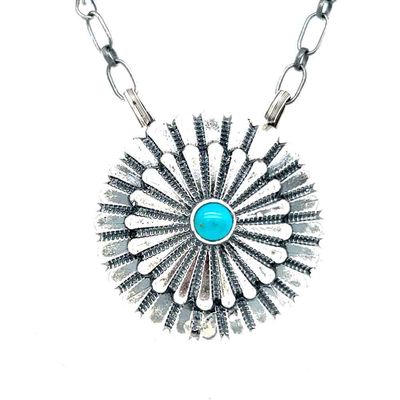 SILVER FLOWER TURQUOISE BUD NECKLACE NAVAJO - SHELDON MARIANO