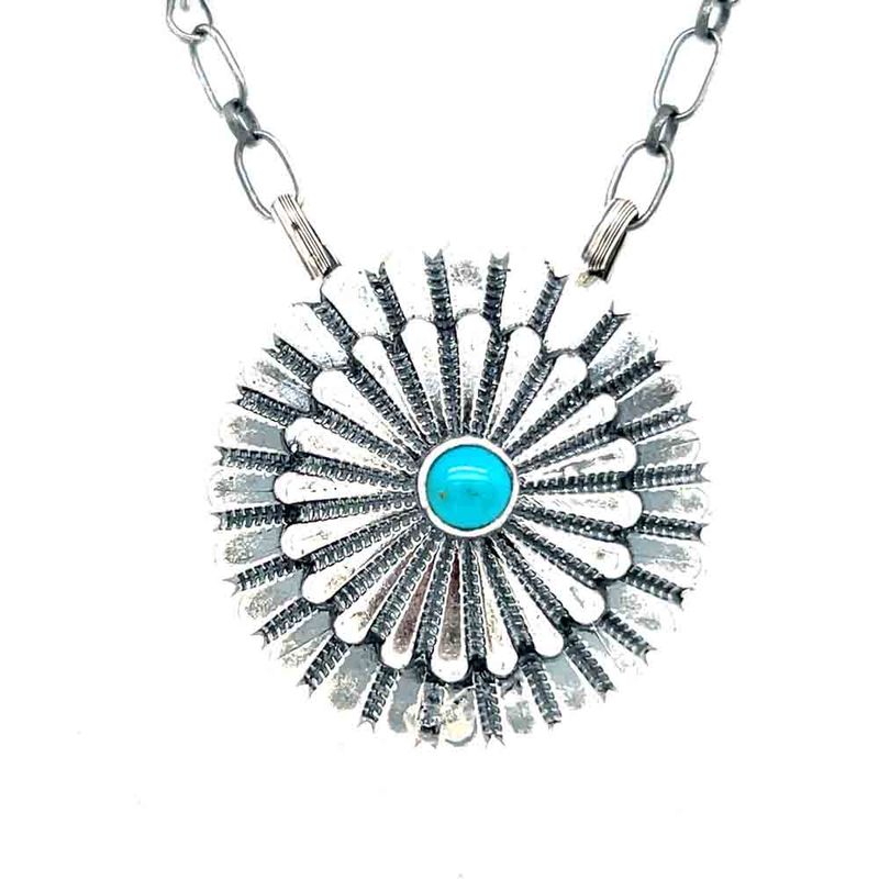 SILVER FLOWER TURQUOISE BUD NECKLACE NAVAJO - SHELDON MARIANO