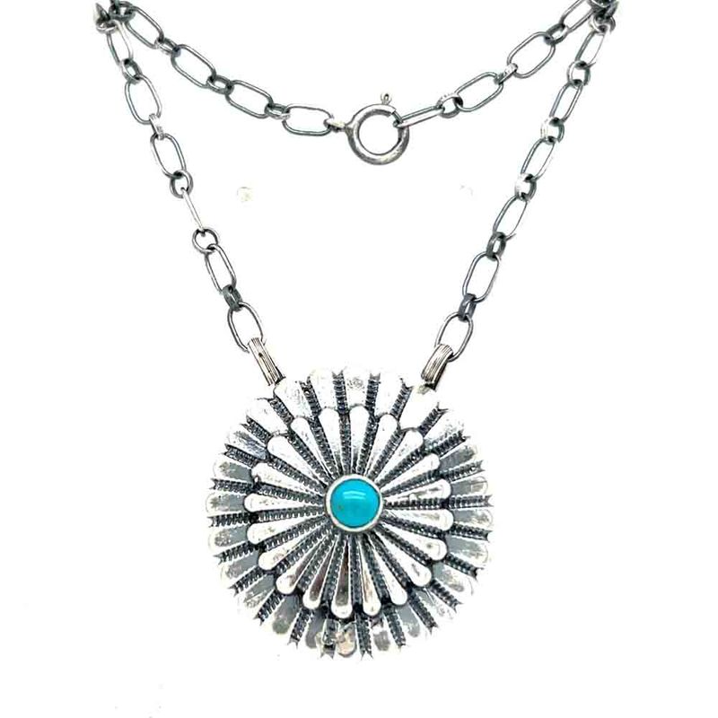SILVER FLOWER TURQUOISE BUD NECKLACE NAVAJO - SHELDON MARIANO