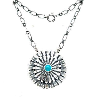 SILVER FLOWER TURQUOISE BUD NECKLACE NAVAJO - SHELDON MARIANO