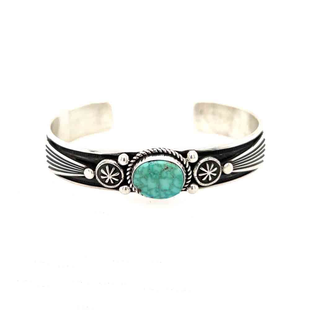 SILVER OVAL TURQUOISE CUFF BRACELET NAVAJO - ALBERT JAKE
