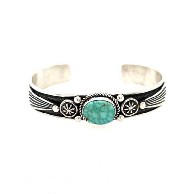 SILVER OVAL TURQUOISE CUFF BRACELET NAVAJO - ALBERT JAKE