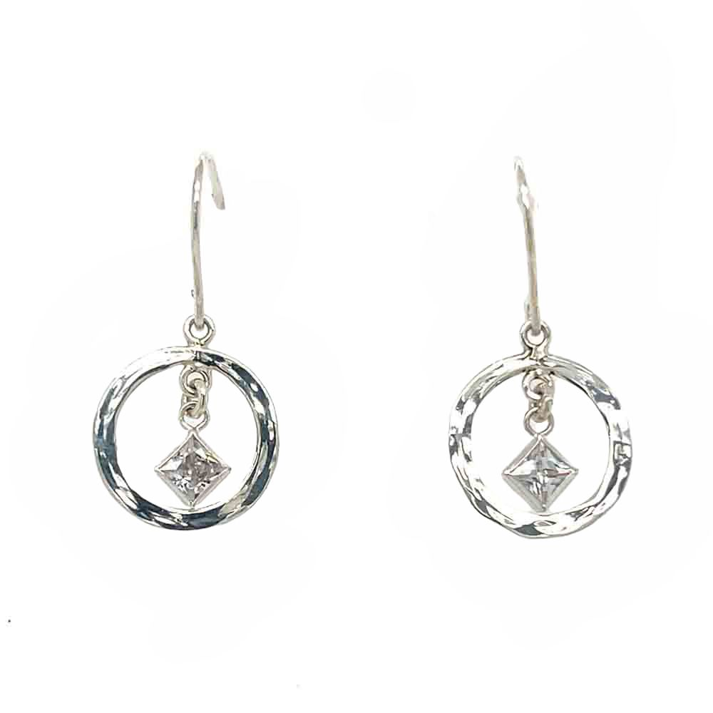 SILVER HAMMERED CIRCLE &amp; CZ EARRINGS