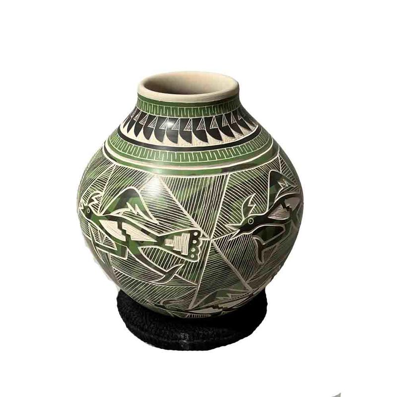 MATA ORTIZ ETCHED &amp; PAINTED GREEN ROAD RUNNER VASE - 5  x 4.5