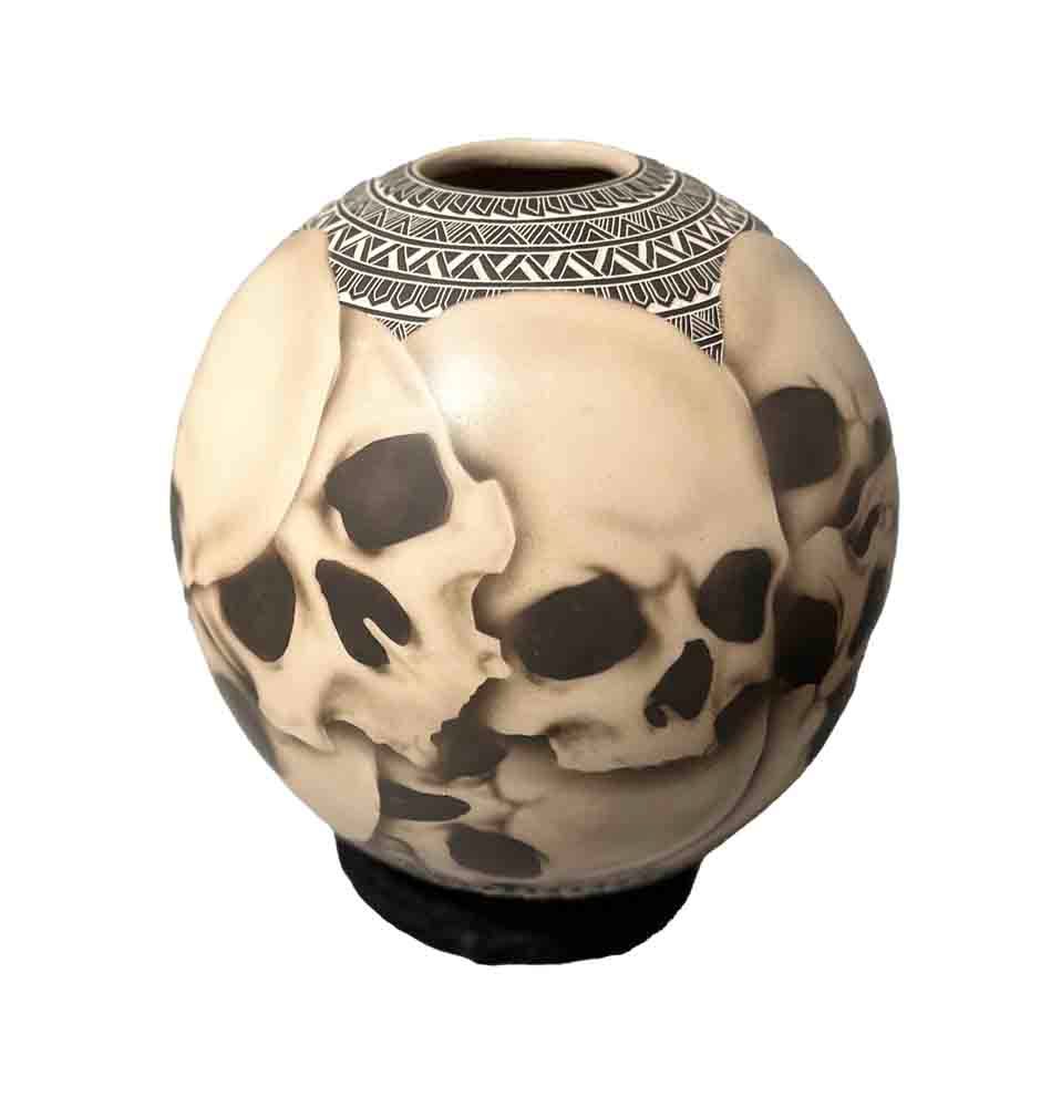 MATA ORTIZ PAINTED SKULL VASE - 5.5 x 6.5