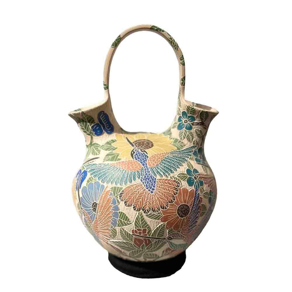 MATA ORTIZ COLORFUL ETCHED &amp; PAINTED WEDDING VASE - 9.5 x 7