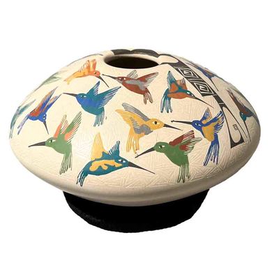 MATA ORTIZ MED. COLORFUL HUMMINGBIRDS POT - 4 x 6